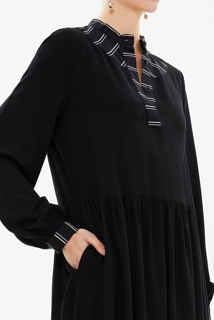 Black Patterned fabric combined, gathered midi dress 92484