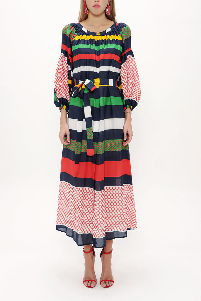 Navy Blue Elastic balloon sleeve maxi dress 92718