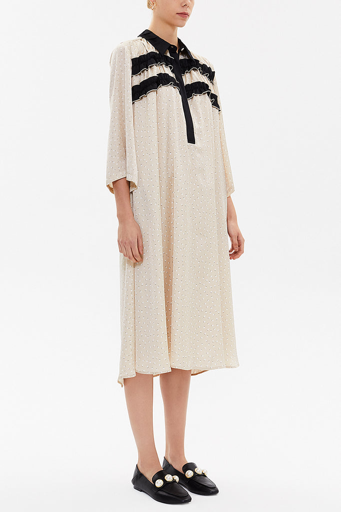 Beige Button ruffle ribbon wide cut midi dress 92806