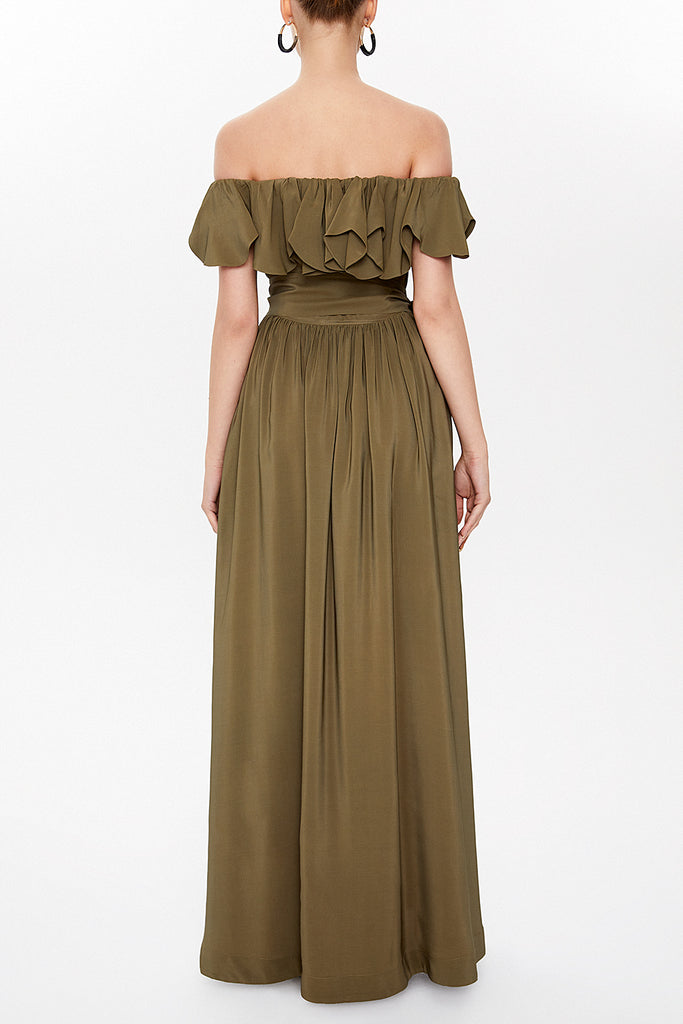 Khaki Front ruffled off shoulder maxi dress 93005