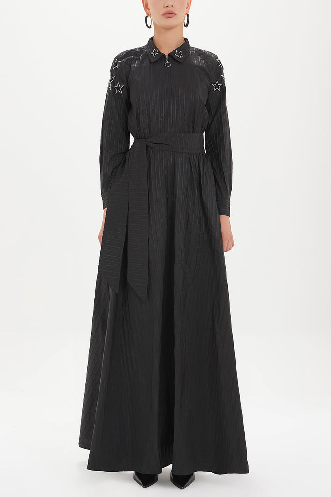 Kadın Yıldız Nakışlı Bol Kesim Uzun Elbise Siyah 92476 M18191092476101