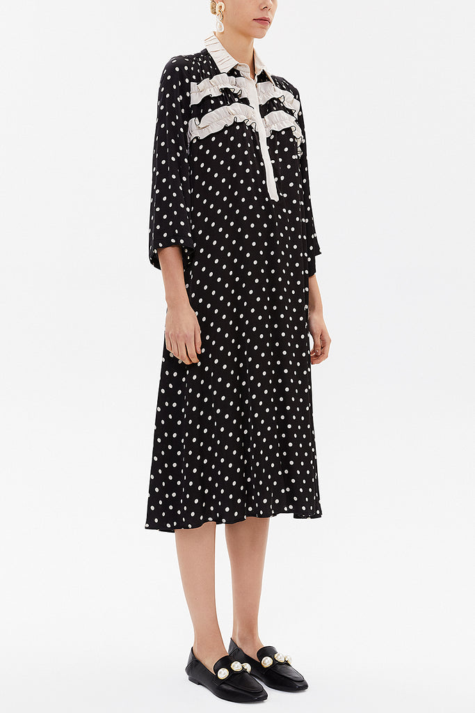 Black Button ruffle ribbon wide cut midi dress 92806