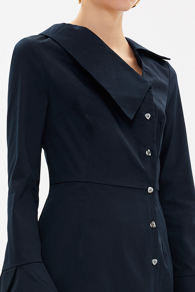 Navy Blue Asymmetric neck slim fit dress 92147