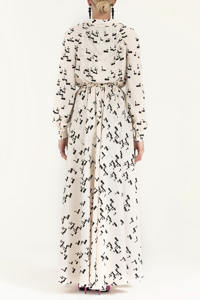 Omuzları Büzgülü Düğmeli Uzun Desenli Elbise  92251