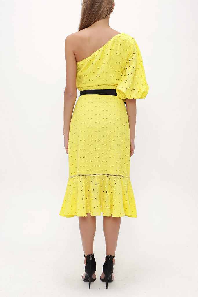 Yellow One shoulder balloon sleeve midi dress 93073