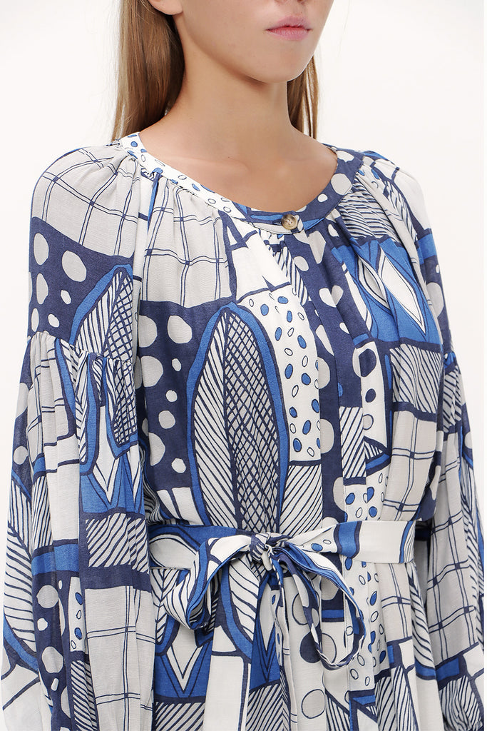 Blue Elastic balloon sleeve maxi dress 92718