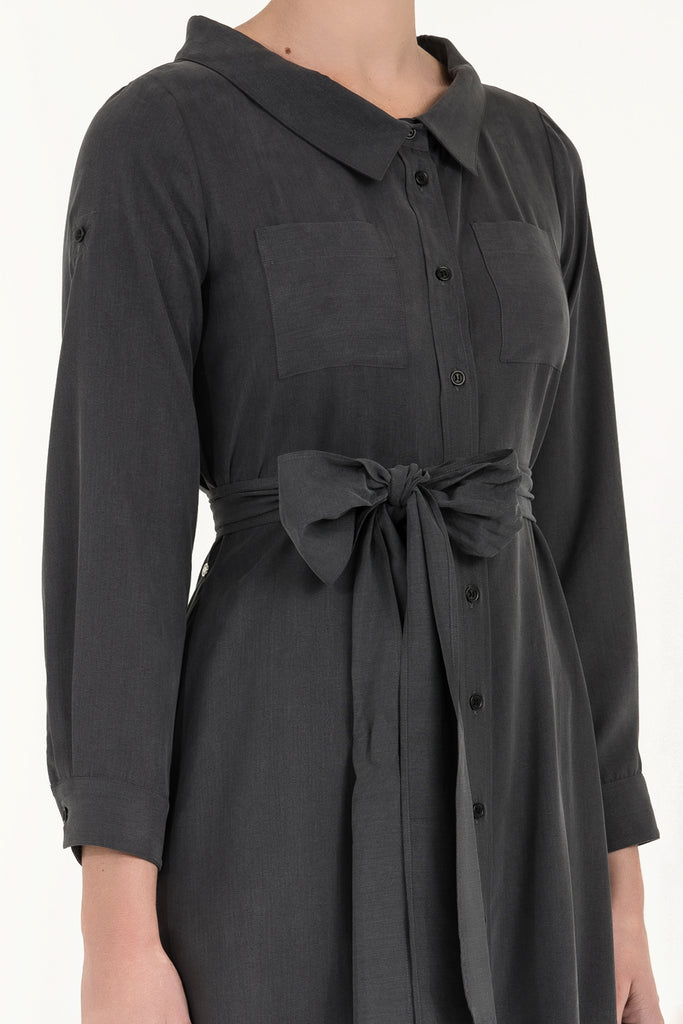 Kemerli Gömlek Elbise Füme 92302