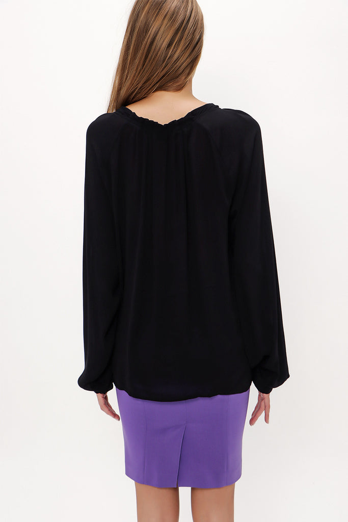 Black Pleated detail wide cut V-neck blouse 19716