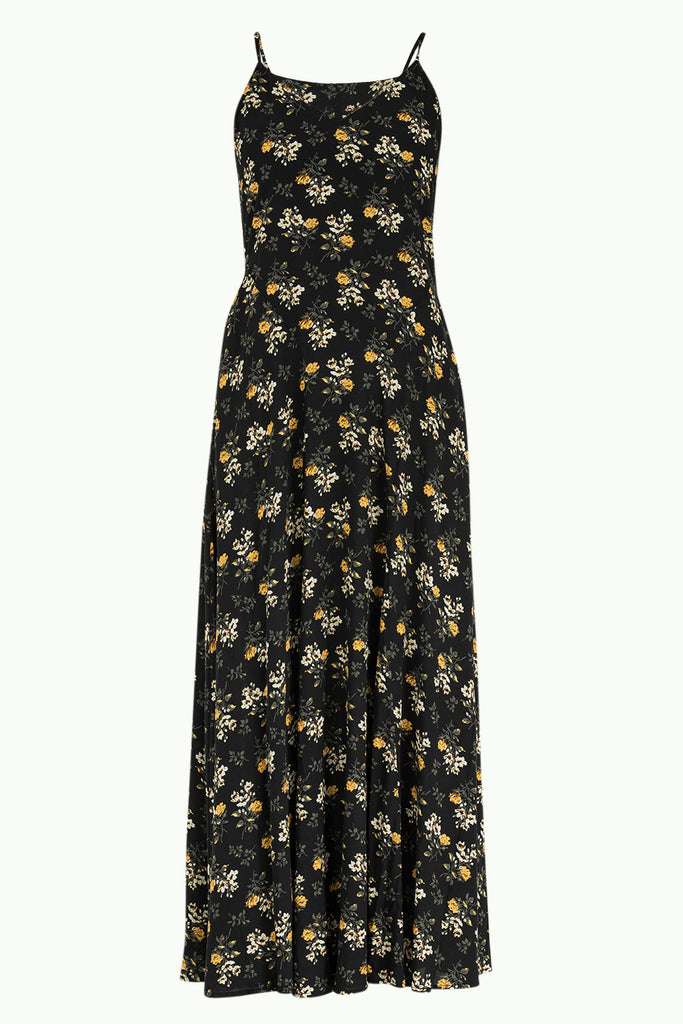 Askılı Desenli Uzun Elbise Sarı