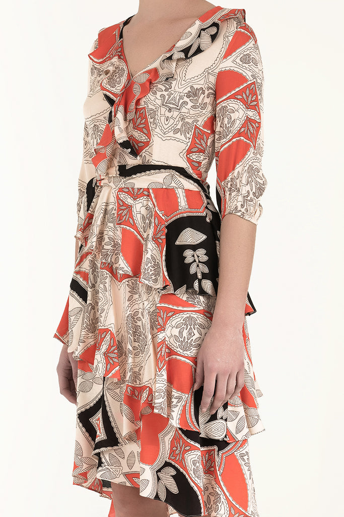 Asimetrik Kesim V Yaka Desenli Elbise Siyah 92268