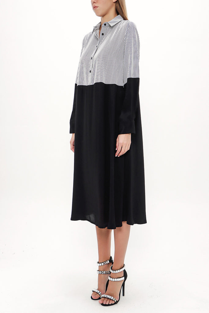 Black Striped fabric wide cut midi dress 92834