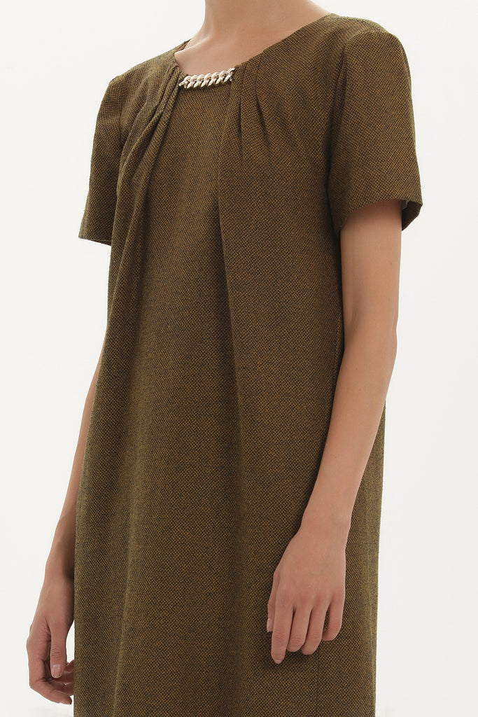 Khaki Chain neck wool  mini dress  91715