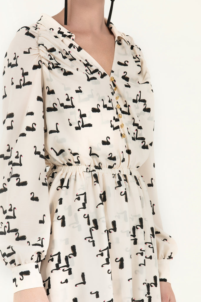 Omuzları Büzgülü Düğmeli Uzun Desenli Elbise  92251