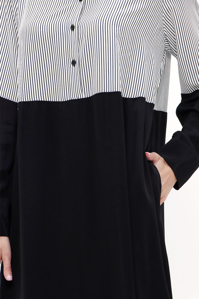 Black Striped fabric wide cut midi dress 92834