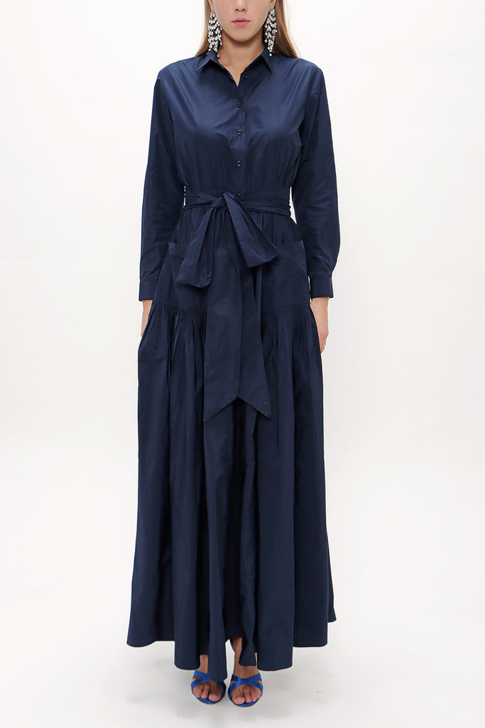 Navy Blue Pleated taffeta long shirt dress 94250