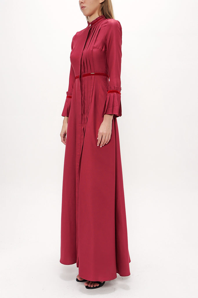 Red Pleat detail fitted waist maxi dress 92196
