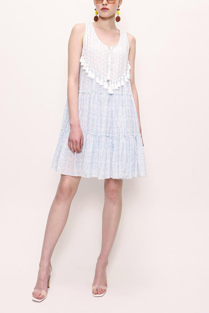 Blue Embroidered Pleated Poplin Dress 92795