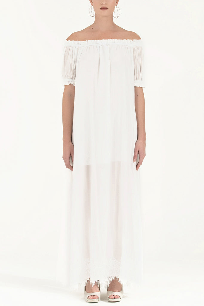 Düşük Omuzlu Lastikli Uzun Elbise 92355