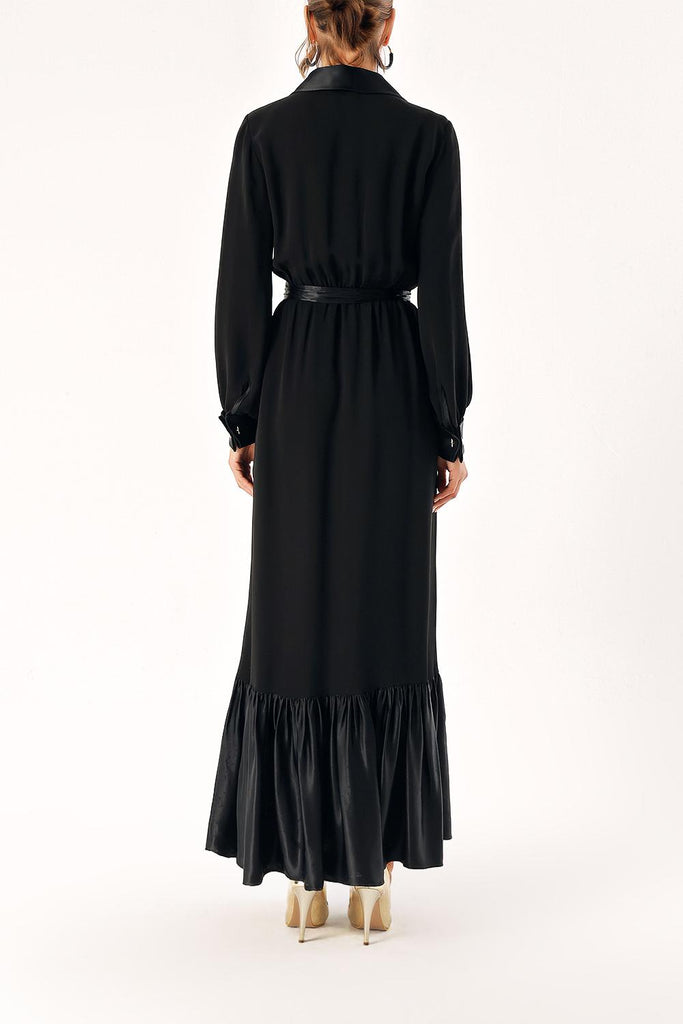 Black Long dress with elasticated gathers at the waist 94289