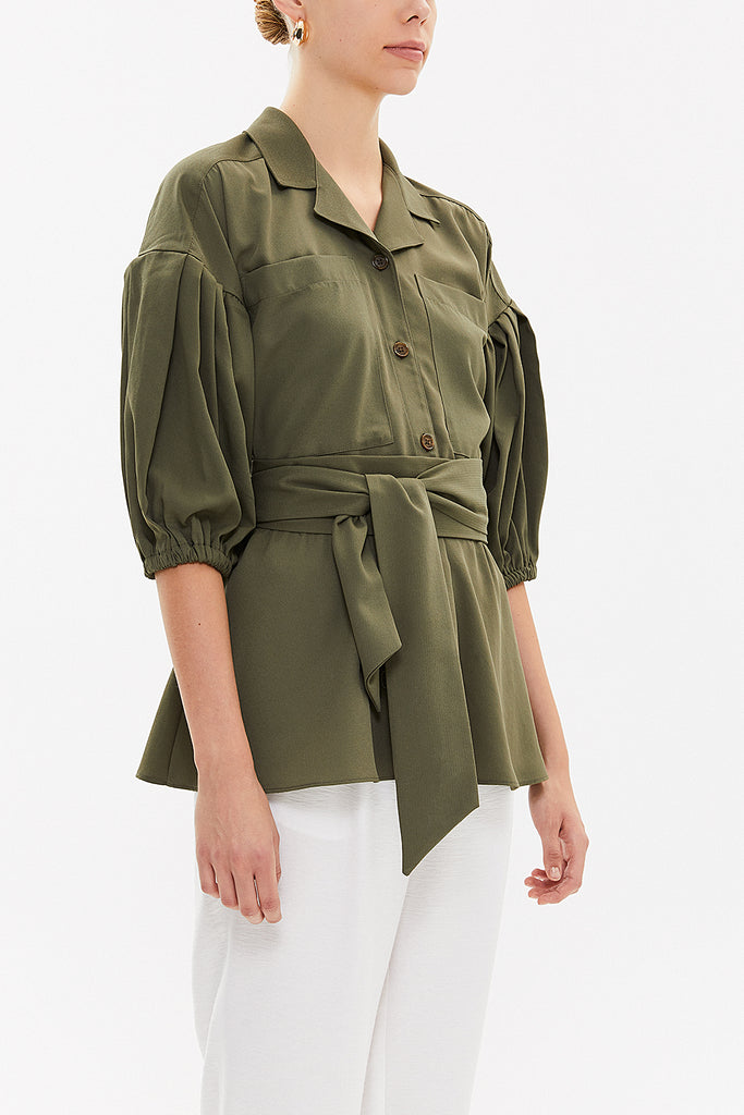 Khaki Balloon sleeve    wide cut blouse  19761