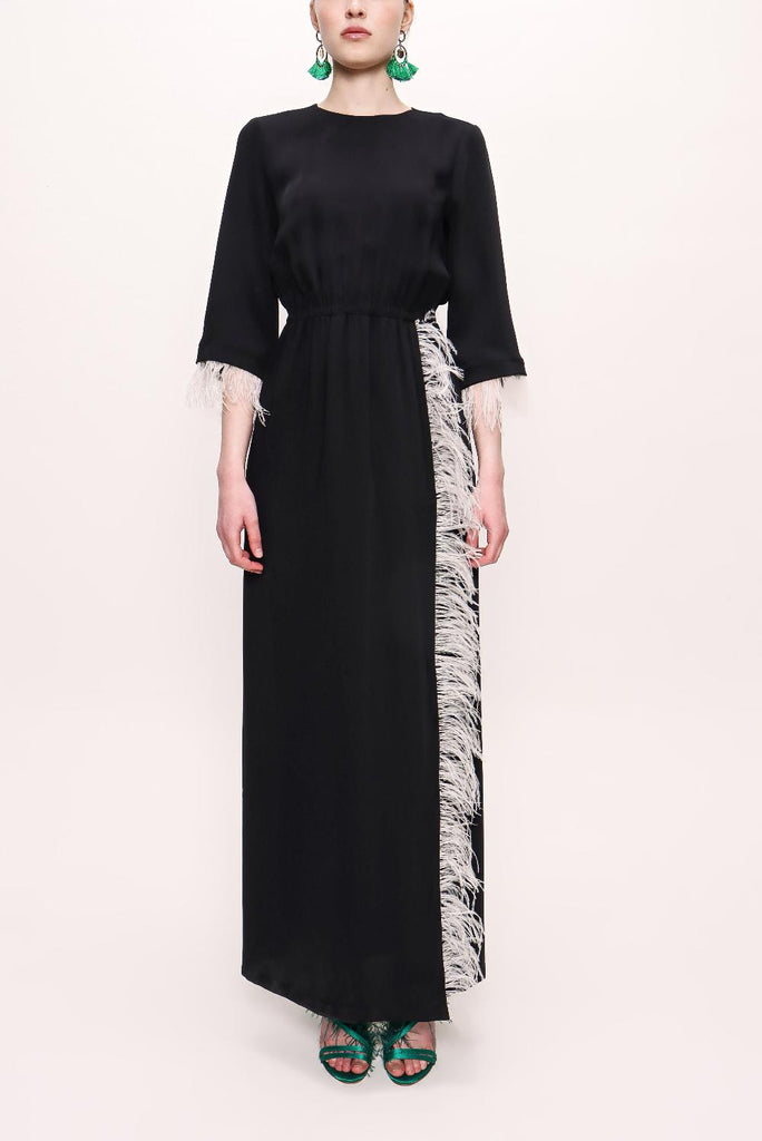 Black Slit and feather detailed long dress 92575