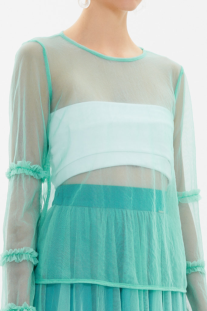 Green Pleated sleeve tulle blouse  19657