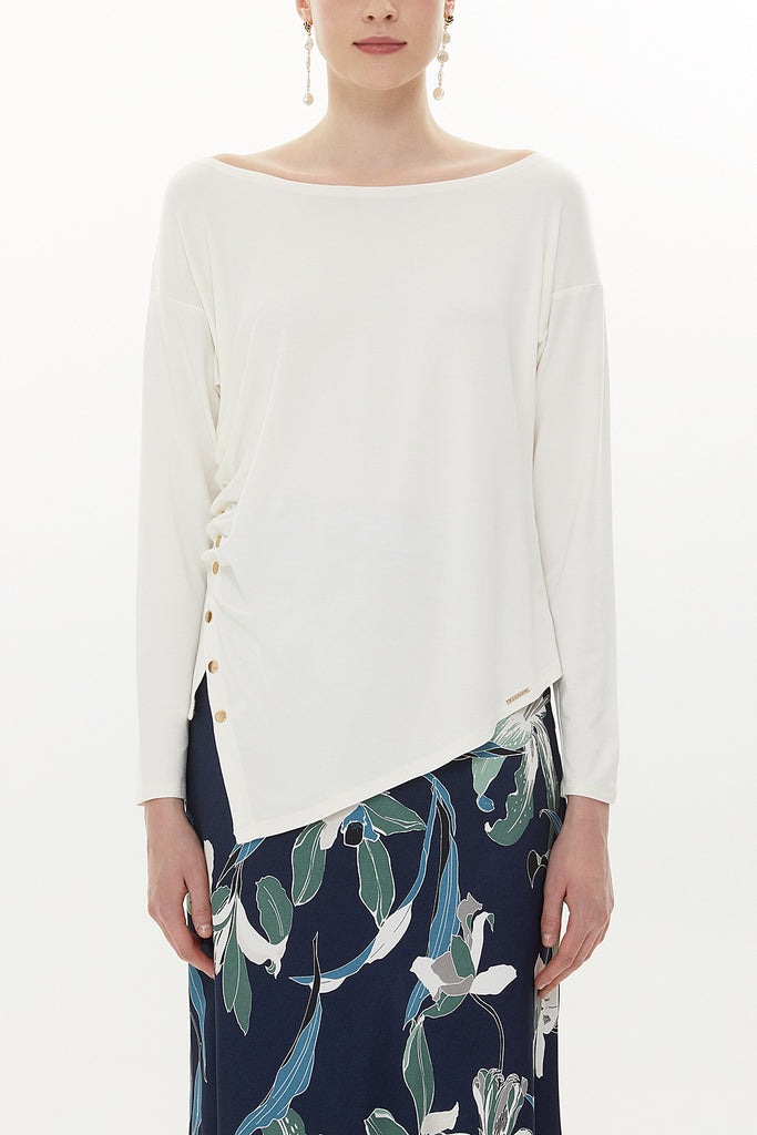 White Asymmetric snap fastener detail blouse 19818