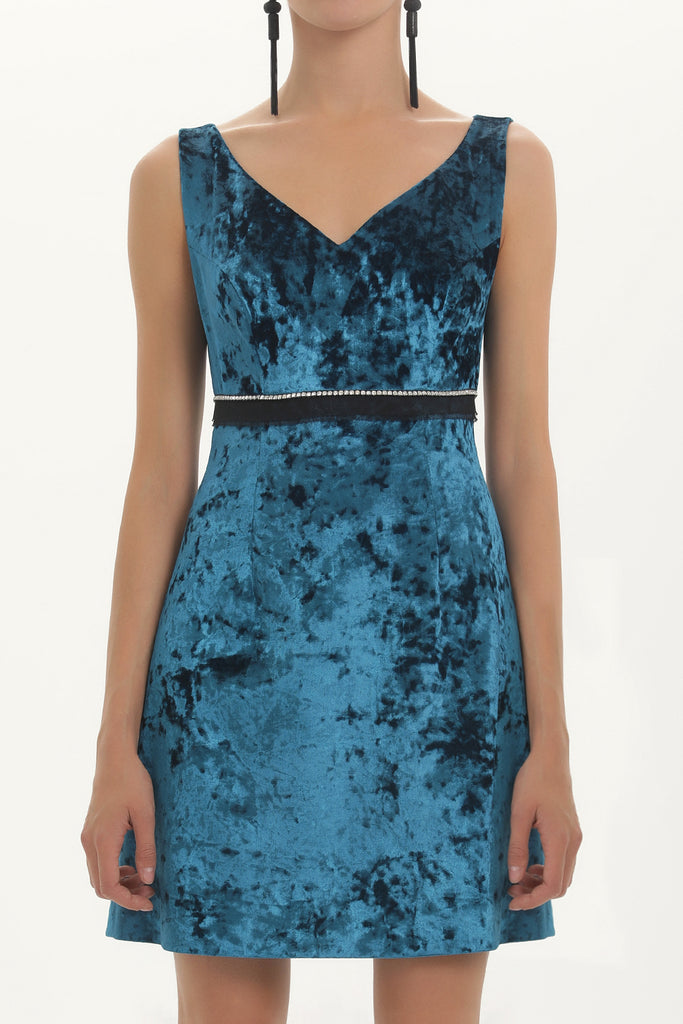 Oil Gem-embellished waist, V neck velvet mini dress 91522