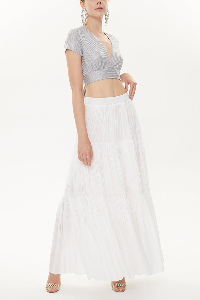 White Elastic Pleated Maxi Skirt 81154