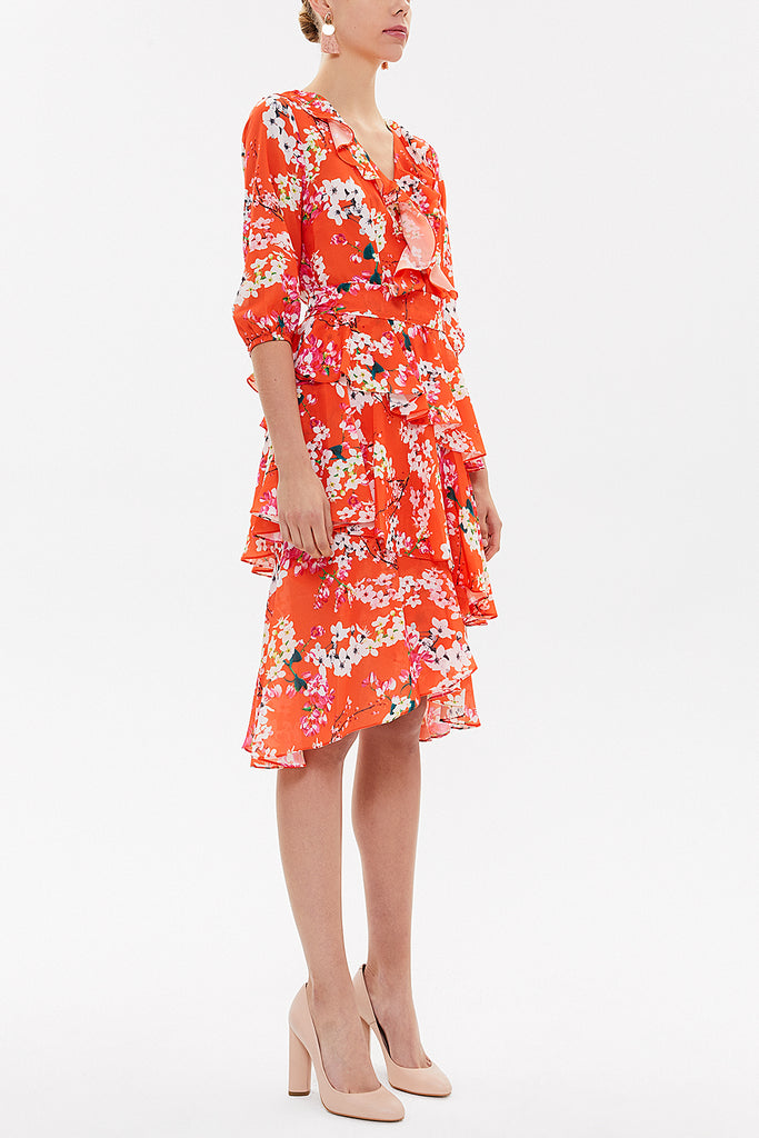 Orange Asymmetric V-neck midi dress 92268