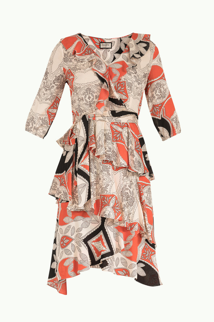 Asimetrik Kesim V Yaka Desenli Elbise Siyah 92268