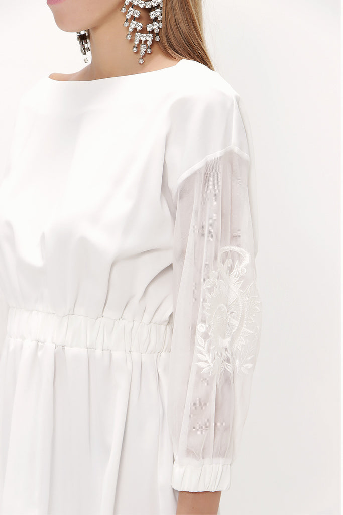 White Embroidered elastic  waist viscose mini  dress  92096