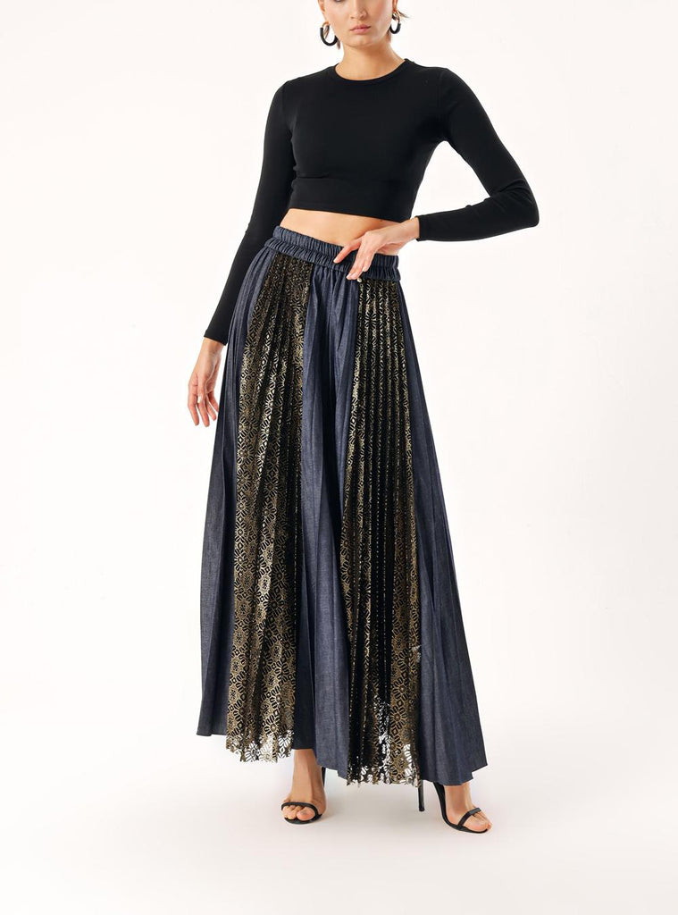 Navy Blue Pleated skirt with lace detail 81273