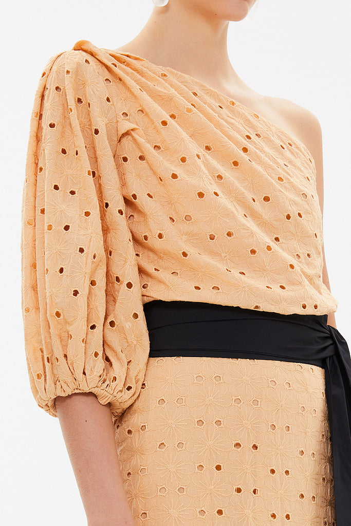 Beige One shoulder balloon sleeve midi dress 93073