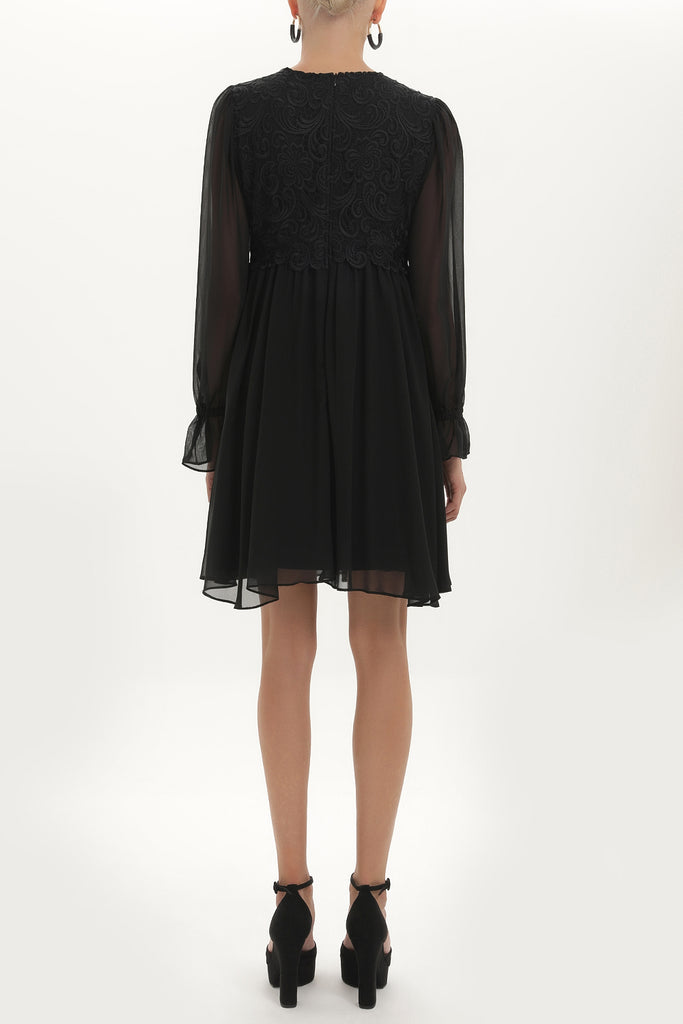 Black Lace detail gathered mini dress 91744
