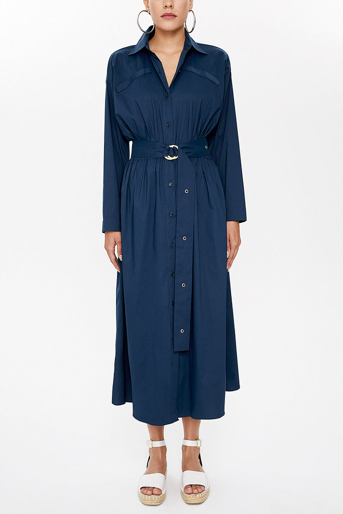 Navy Blue Belted midi dress 92874
