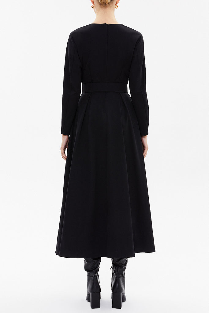 Black Belted V-neck midi dress 92545
