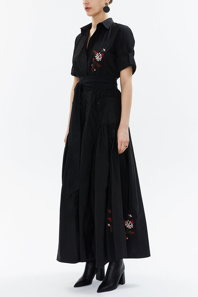 Black Embroidered taffeta long shirt dress 94249