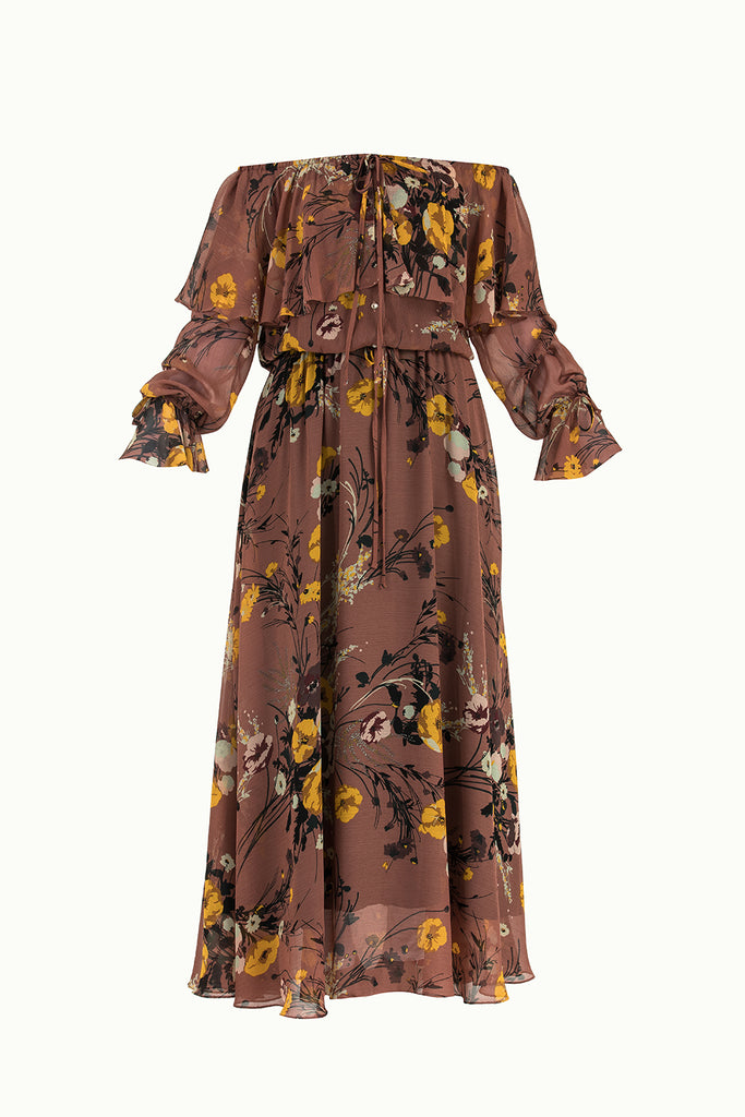 Volanlı Düşük Omuz Şifon Uzun Elbise 92303