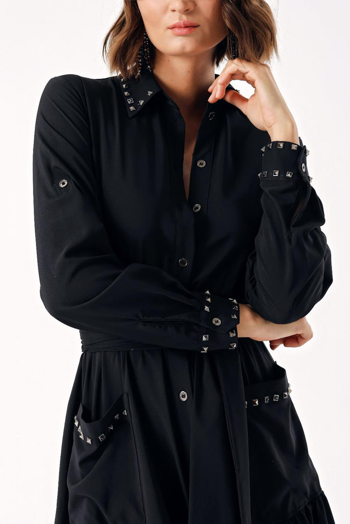 Black Long ruffled shirt dress with metal accessory detail 94114