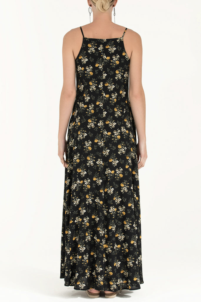 Askılı Desenli Uzun Elbise Sarı