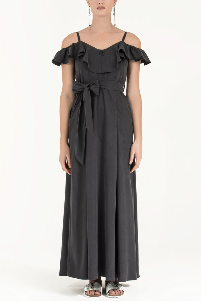 Valon Düşük Omuz Elbise Füme 92318