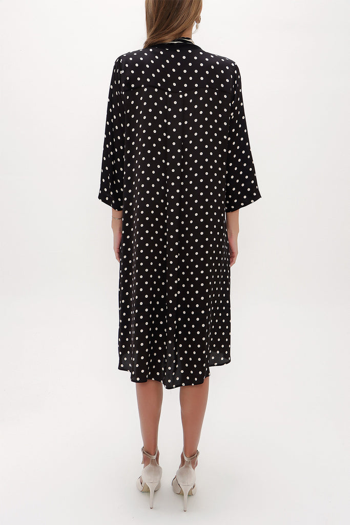 Black Lace-up neck wide cut midi dress 92816