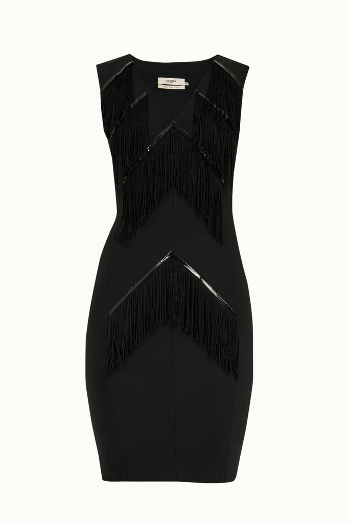 Black V-neck, tassel midi dress 91540