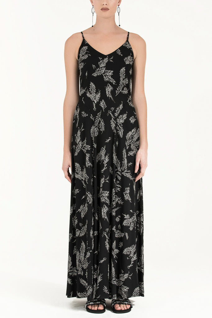 Askılı Desenli Uzun Elbise