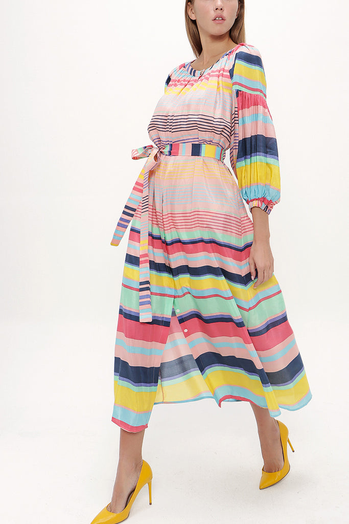 Striped Elastic balloon sleeve maxi dress 92718