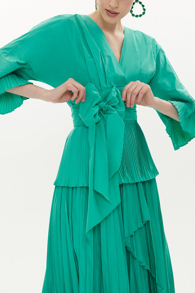 Green Pleated V-neck blouse 19822