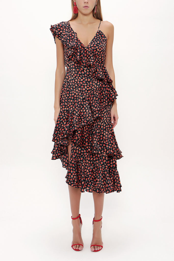 Black Ruffle detail Printed midi dress 92774