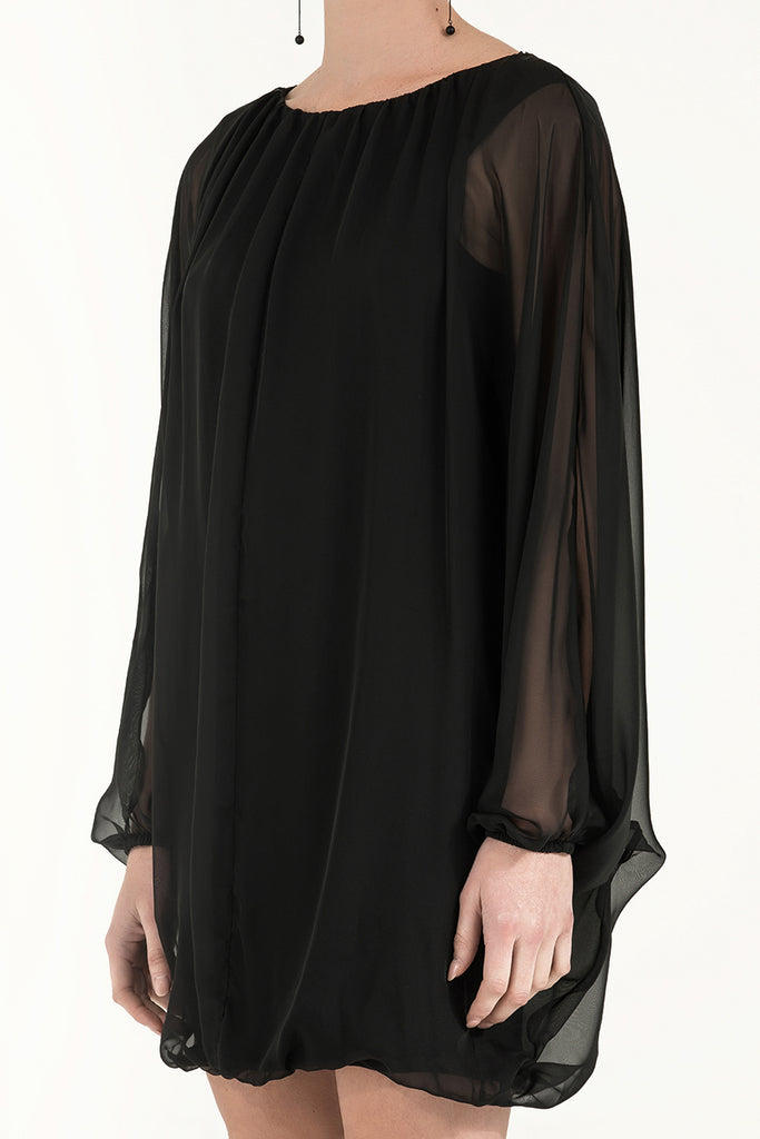 Lastikli Bol Kesim Şifon Elbise Siyah