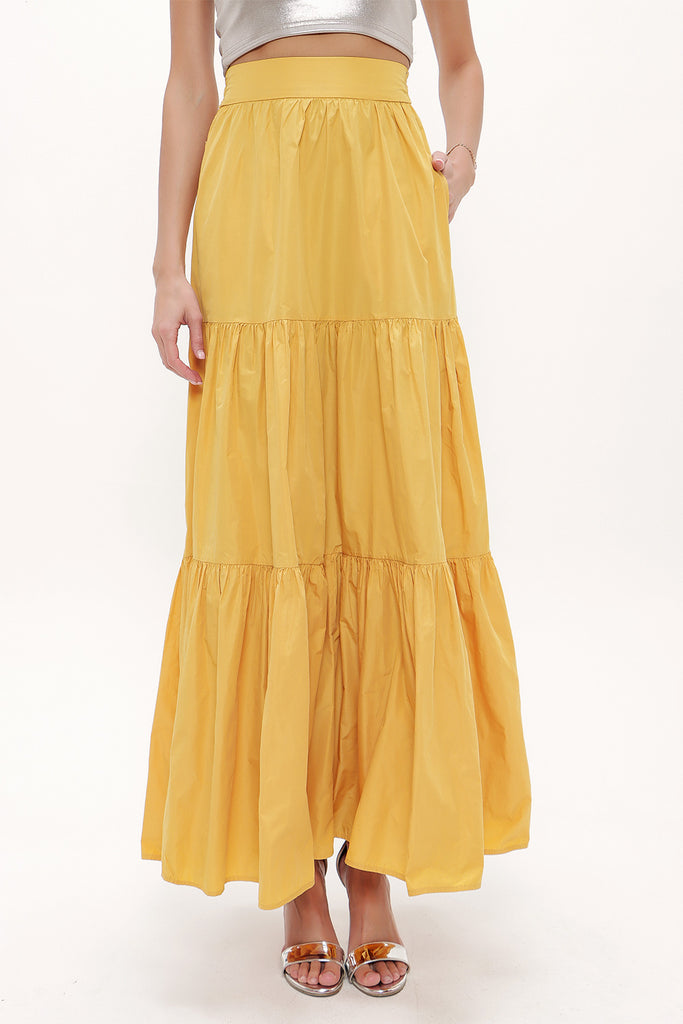 Mustard Elastic and Pleated maxi skirt 81099